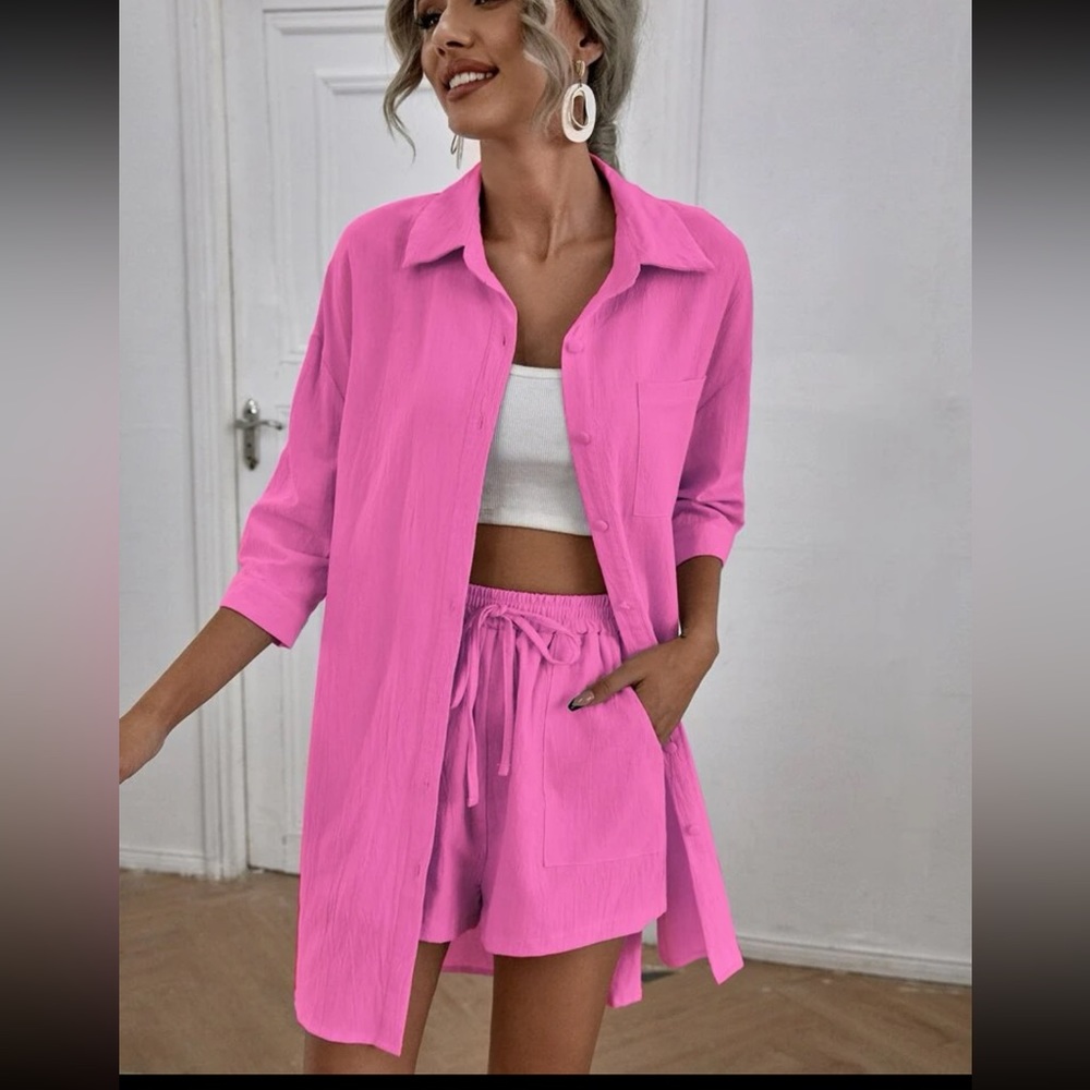 Drop Shoulder Button Front
Blouse With Shorts